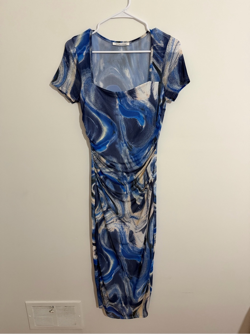Blue Marble-Print Short Sleeve Midi Bodycon Dress